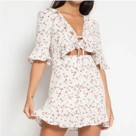 NEW floral summer mini dress front tie ruffled keyhole cutout pinup retro LARGE - Picture 14 of 16